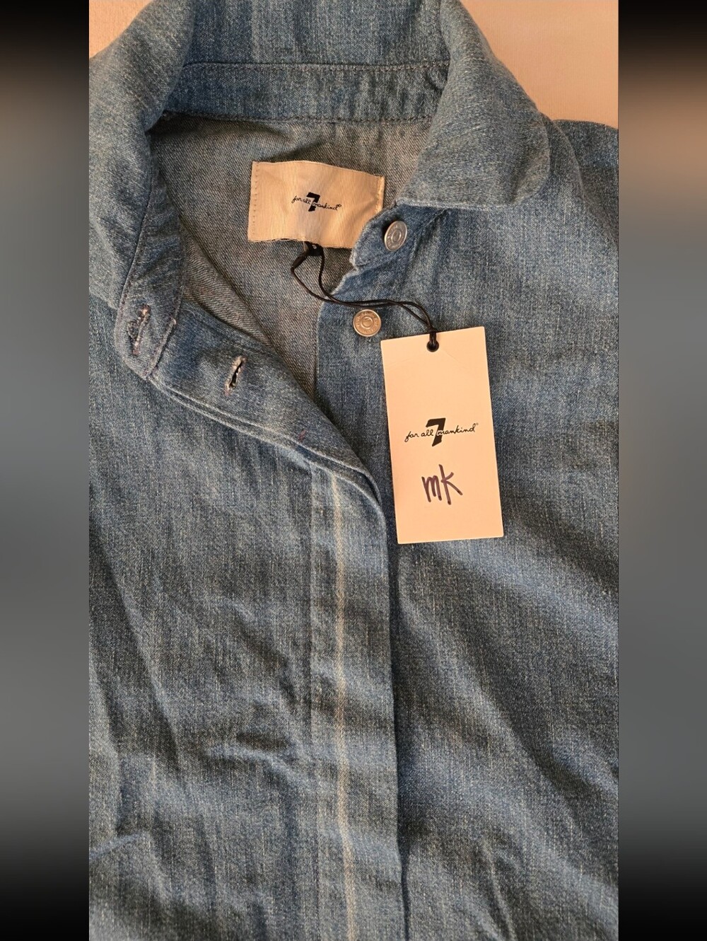 NWT 7 For All Mankind Balloon Star Sleeve Crop Denim Shirt Patchwork S - Picture 13 of 15